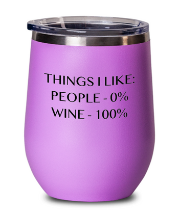 Things I Like:  People - 0% Wine - 100% 12 oz. Insulated Stemless Wine Glass w/Lid